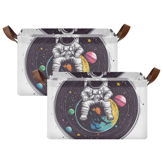 Yayeee Foldable Storage Basket for Shelves with Handles Set of 2 Waterproof Cloth Bins, Colorful Astronaut Planet