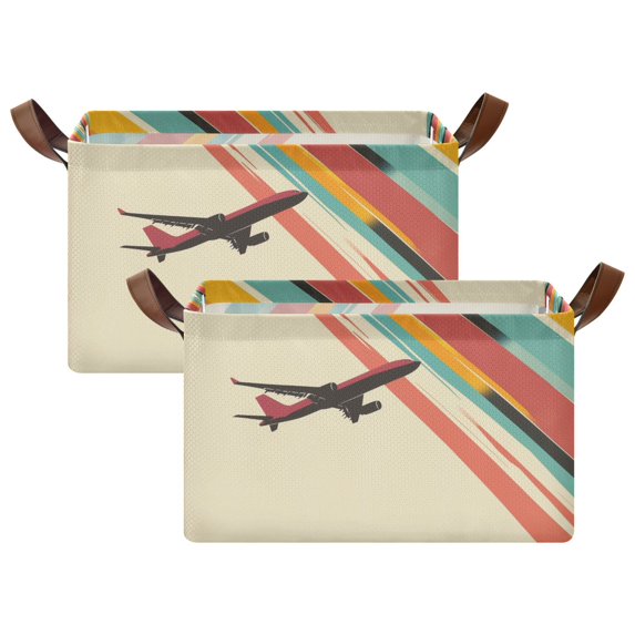 Yayeee Foldable Storage Basket for Shelves with Handles Set of 2 Waterproof Cloth Bins, Colorful Plane Stripes