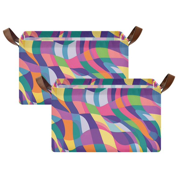 Yayeee Foldable Storage Basket for Shelves with Handles Set of 2 Waterproof Cloth Bins, Colorful Wavy Pattern