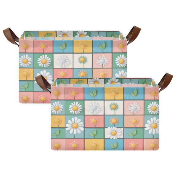 Yayeee Foldable Storage Basket for Shelves with Handles Set of 2 Waterproof Cloth Bins, Daisy Mosaic