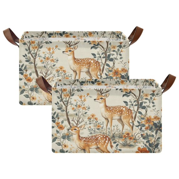 Yayeee Foldable Storage Basket for Shelves with Handles Set of 2 Waterproof Cloth Bins, Deer Pattern