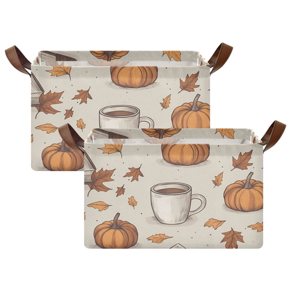 Yayeee Foldable Storage Basket for Shelves with Handles Set of 2 Waterproof Cloth Bins, Fall Pumpkin Pattern