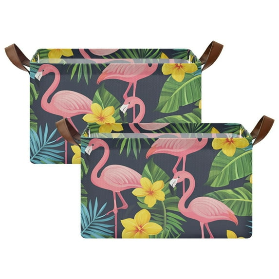 Yayeee Foldable Storage Basket for Shelves with Handles Set of 2 Waterproof Cloth Bins, Flamingo Pattern