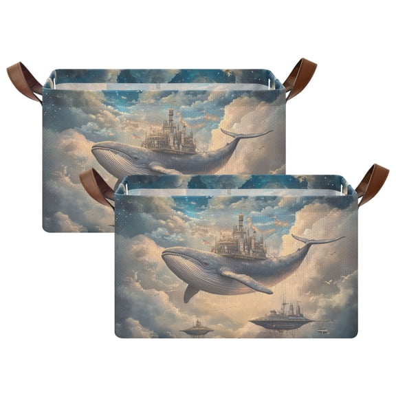 Yayeee Foldable Storage Basket for Shelves with Handles Set of 2 Waterproof Cloth Bins, Floating Whale