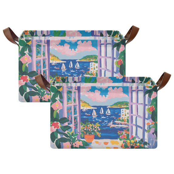 Yayeee Foldable Storage Basket for Shelves with Handles Set of 2 Waterproof Cloth Bins, Floral Window