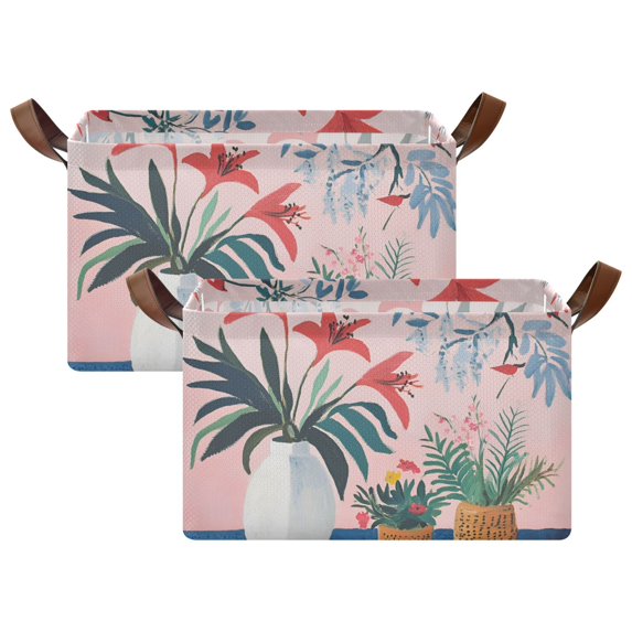 Yayeee Foldable Storage Basket for Shelves with Handles Set of 2 Waterproof Cloth Bins, Flowers and Leaves