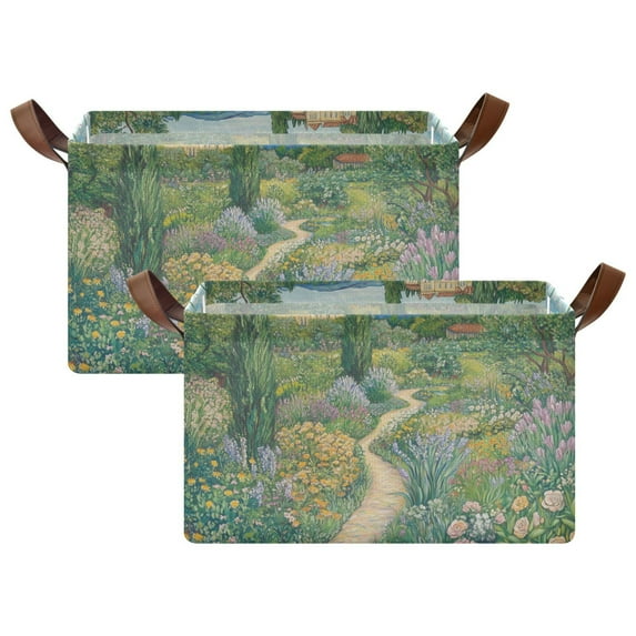 Yayeee Foldable Storage Basket for Shelves with Handles Set of 2 Waterproof Cloth Bins, Garden Scene