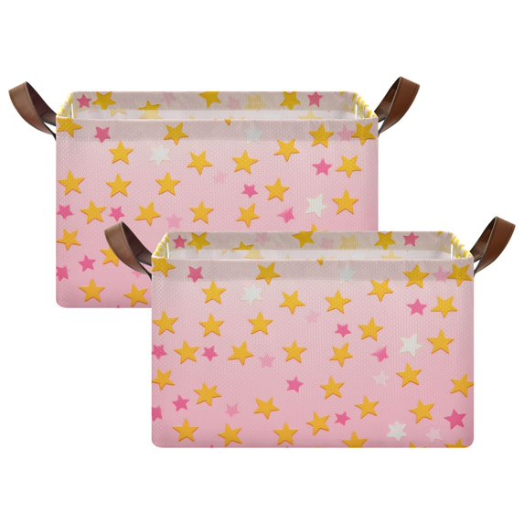 Yayeee Foldable Storage Basket for Shelves with Handles Set of 2 Waterproof Cloth Bins, Gradient Pink Stars