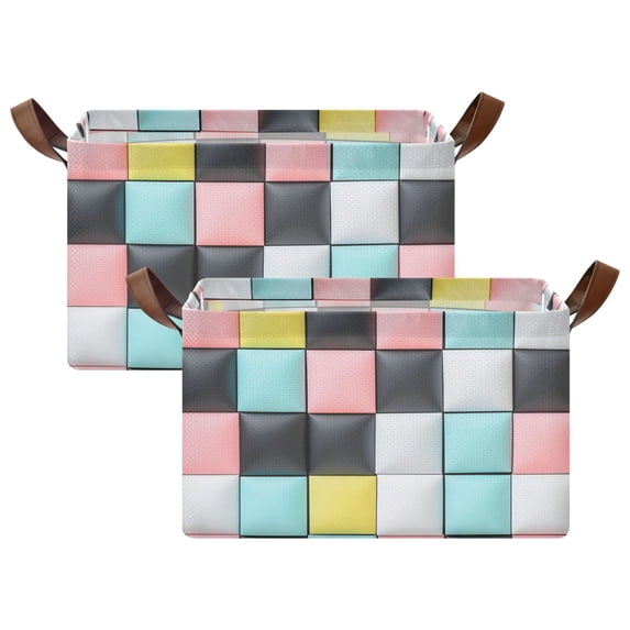 Yayeee Foldable Storage Basket for Shelves with Handles Set of 2 Waterproof Cloth Bins, Gray Checkered Pattern