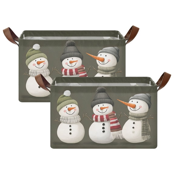 Yayeee Foldable Storage Basket for Shelves with Handles Set of 2 Waterproof Cloth Bins, Gray Cute Snowmen