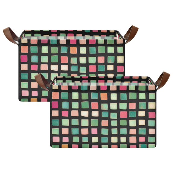 Yayeee Foldable Storage Basket for Shelves with Handles Set of 2 Waterproof Cloth Bins, Green Block Pattern