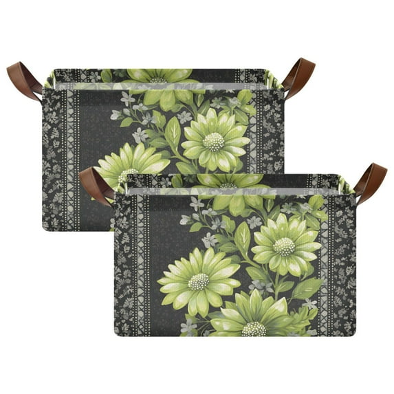 Yayeee Foldable Storage Basket for Shelves with Handles Set of 2 Waterproof Cloth Bins, Green Flowers