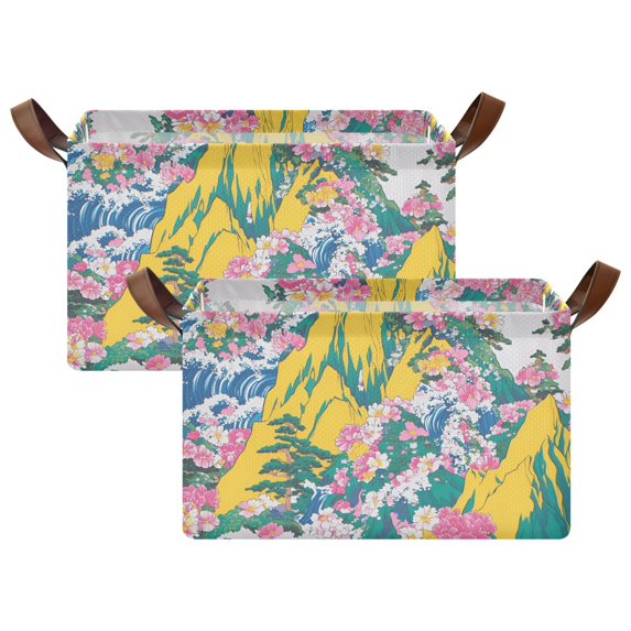 Yayeee Foldable Storage Basket for Shelves with Handles Set of 2 Waterproof Cloth Bins, Green Mountains