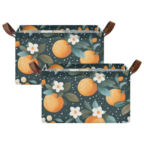 Yayeee Foldable Storage Basket for Shelves with Handles Set of 2 Waterproof Cloth Bins, Green Oranges