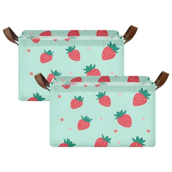Yayeee Foldable Storage Basket for Shelves with Handles Set of 2 Waterproof Cloth Bins, Green Strawberry
