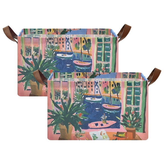 Yayeee Foldable Storage Basket for Shelves with Handles Set of 2 Waterproof Cloth Bins, Green Window