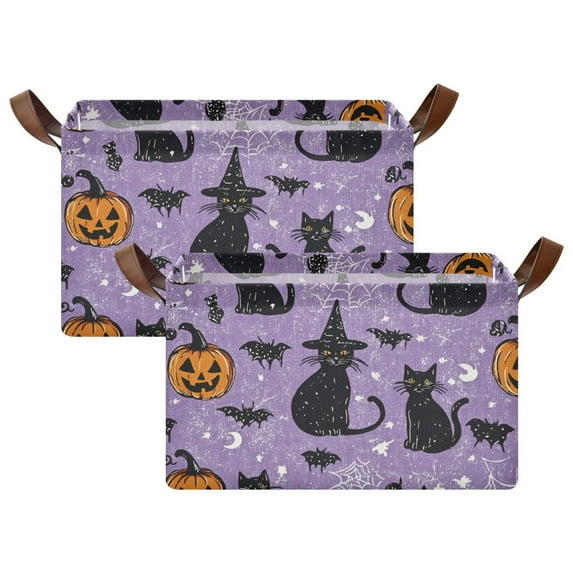 Yayeee Foldable Storage Basket for Shelves with Handles Set of 2 Waterproof Cloth Bins, Halloween Cats