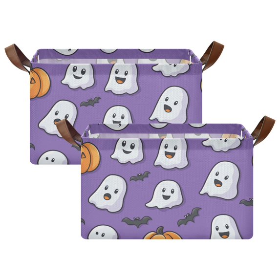 Yayeee Foldable Storage Basket for Shelves with Handles Set of 2 Waterproof Cloth Bins, Halloween Ghosts Purple