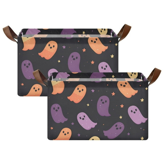 Yayeee Foldable Storage Basket for Shelves with Handles Set of 2 Waterproof Cloth Bins, Halloween Purple Ghosts