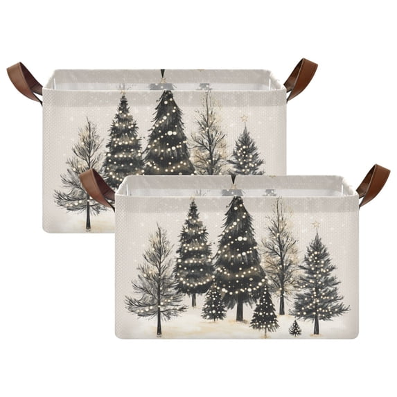 Yayeee Foldable Storage Basket for Shelves with Handles Set of 2 Waterproof Cloth Bins, Hand Drawn Christmas Trees