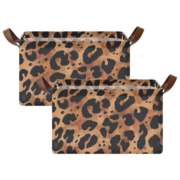 Yayeee Foldable Storage Basket for Shelves with Handles Set of 2 Waterproof Cloth Bins, Leopard Pattern