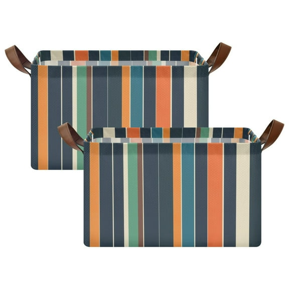 Yayeee Foldable Storage Basket for Shelves with Handles Set of 2 Waterproof Cloth Bins, Navy Blue Stripes