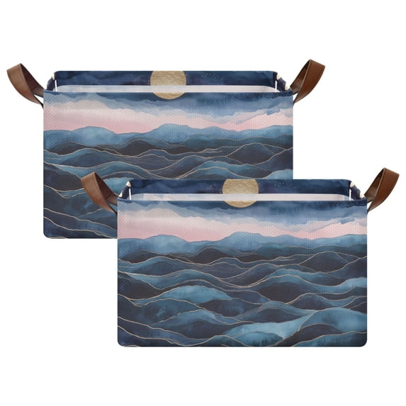 Yayeee Foldable Storage Basket for Shelves with Handles Set of 2 Waterproof Cloth Bins, Ocean Waves
