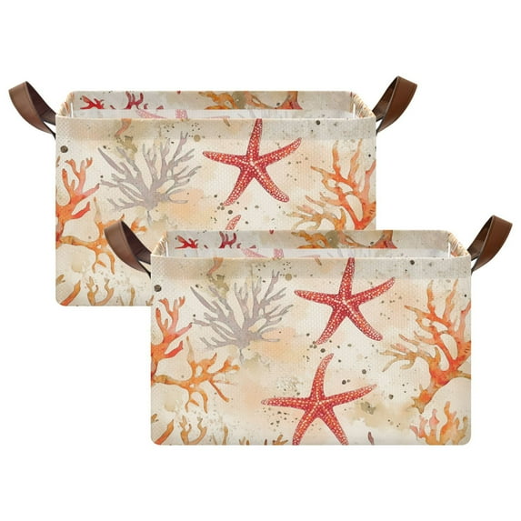 Yayeee Foldable Storage Basket for Shelves with Handles Set of 2 Waterproof Cloth Bins, Orange Starfish