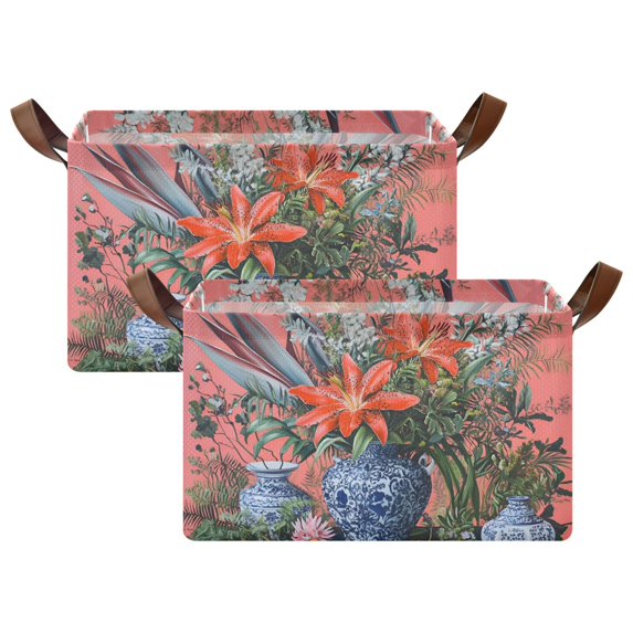 Yayeee Foldable Storage Basket for Shelves with Handles Set of 2 Waterproof Cloth Bins, Orange Vibrant Flowers
