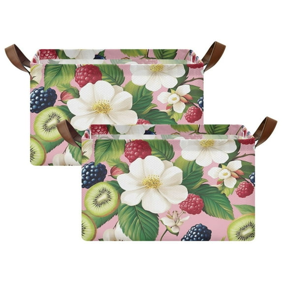 Yayeee Foldable Storage Basket for Shelves with Handles Set of 2 Waterproof Cloth Bins, Pink Raspberries