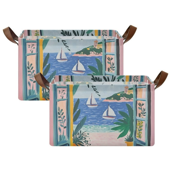 Yayeee Foldable Storage Basket for Shelves with Handles Set of 2 Waterproof Cloth Bins, Pink Seaside