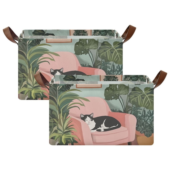Yayeee Foldable Storage Basket for Shelves with Handles Set of 2 Waterproof Cloth Bins, Pink Sleeping Cat