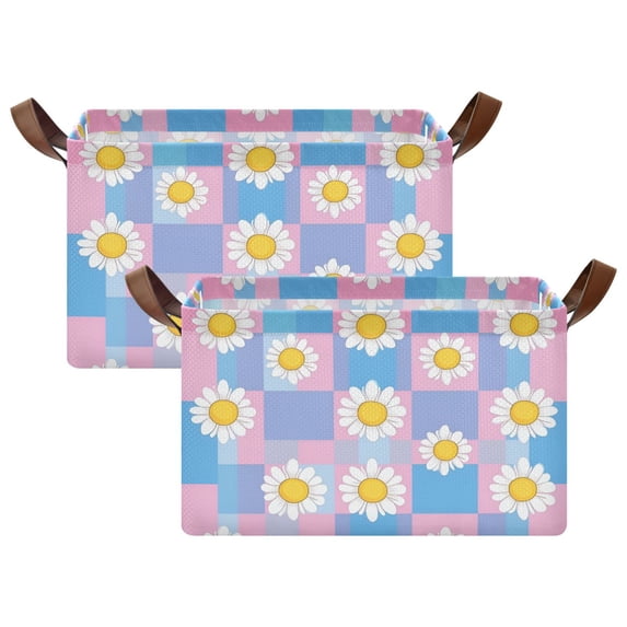 Yayeee Foldable Storage Basket for Shelves with Handles Set of 2 Waterproof Cloth Bins, Playful Daisy
