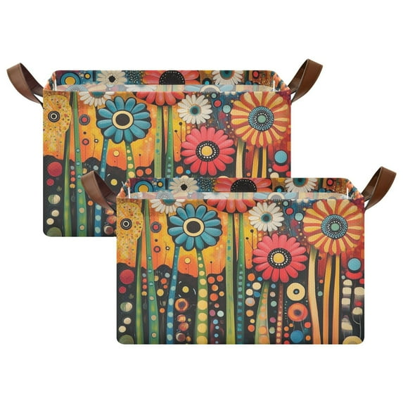Yayeee Foldable Storage Basket for Shelves with Handles Set of 2 Waterproof Cloth Bins, Red Colorful Flowers with Dots