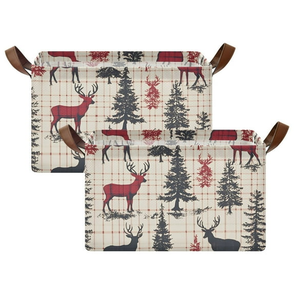 Yayeee Foldable Storage Basket for Shelves with Handles Set of 2 Waterproof Cloth Bins, Red Deer