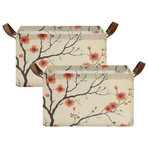 Yayeee Foldable Storage Basket for Shelves with Handles Set of 2 Waterproof Cloth Bins, Red Floral Pattern