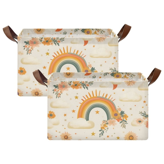 Yayeee Foldable Storage Basket for Shelves with Handles Set of 2 Waterproof Cloth Bins, Retro Rainbow