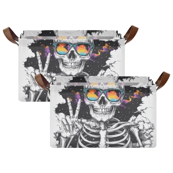 Yayeee Foldable Storage Basket for Shelves with Handles Set of 2 Waterproof Cloth Bins, Skeleton with Glasses