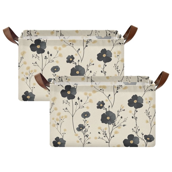 Yayeee Foldable Storage Basket for Shelves with Handles Set of 2 Waterproof Cloth Bins, Small Black Flowers