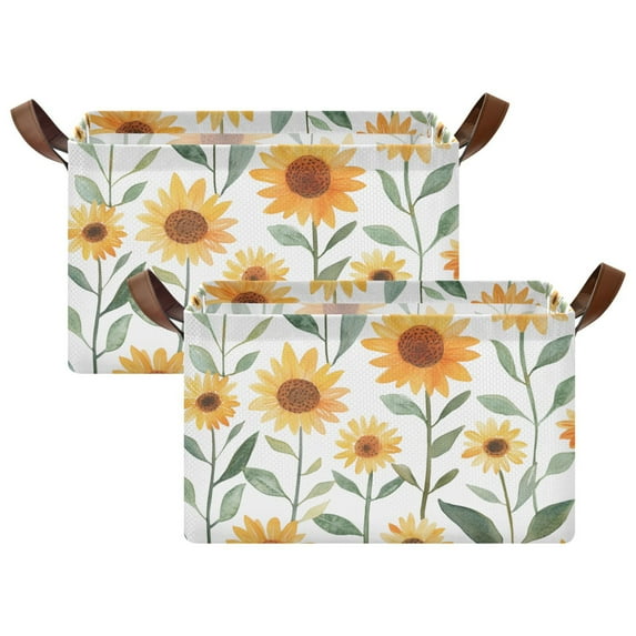 Yayeee Foldable Storage Basket for Shelves with Handles Set of 2 Waterproof Cloth Bins, Sunflowers and Leaves Pattern
