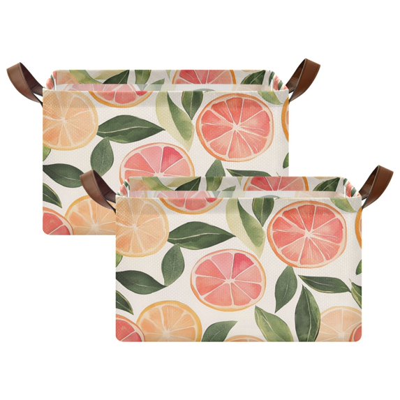 Yayeee Foldable Storage Basket for Shelves with Handles Set of 2 Waterproof Cloth Bins, Watercolor Grapefruit