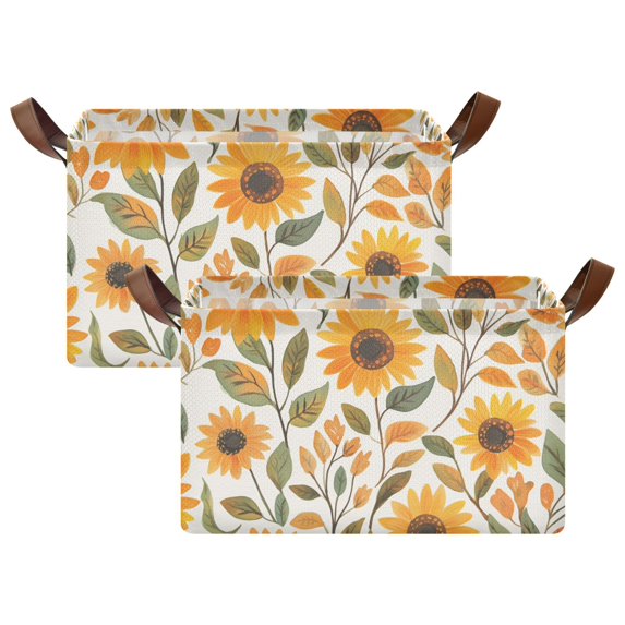 Yayeee Foldable Storage Basket for Shelves with Handles Set of 2 Waterproof Cloth Bins, Watercolor Sunflowers