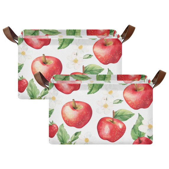 Yayeee Foldable Storage Basket for Shelves with Handles Set of 2 Waterproof Cloth Bins, White Apple Pattern
