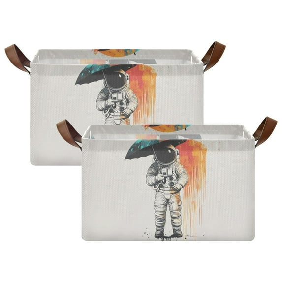 Yayeee Foldable Storage Basket for Shelves with Handles Set of 2 Waterproof Cloth Bins, White Astronaut
