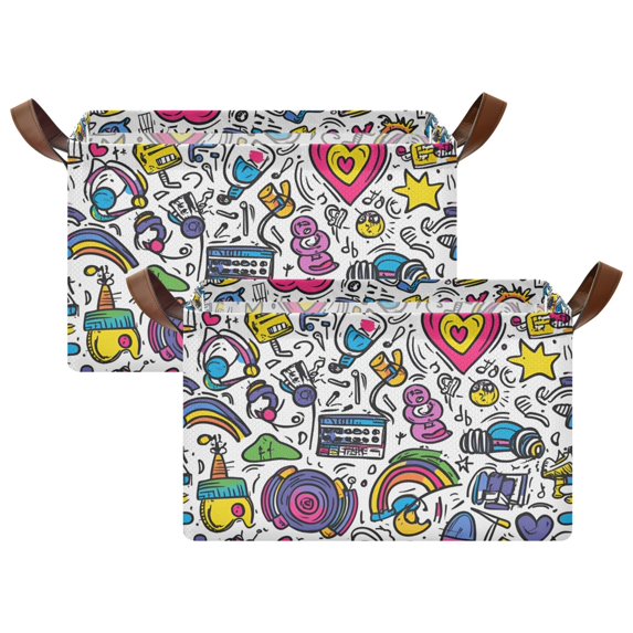 Yayeee Foldable Storage Basket for Shelves with Handles Set of 2 Waterproof Cloth Bins, White Doodle Pattern