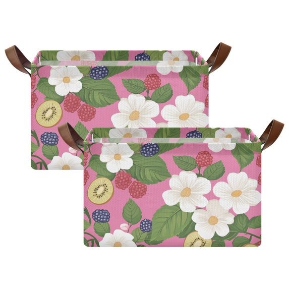 Yayeee Foldable Storage Basket for Shelves with Handles Set of 2 Waterproof Cloth Bins, White Flowers