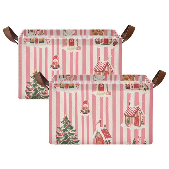 Yayeee Foldable Storage Basket for Shelves with Handles Set of 2 Waterproof Cloth Bins, White Gingerbread Houses