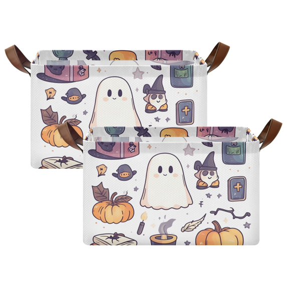 Yayeee Foldable Storage Basket for Shelves with Handles Set of 2 Waterproof Cloth Bins, White Magical Halloween