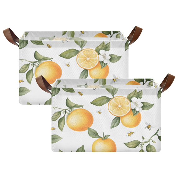 Yayeee Foldable Storage Basket for Shelves with Handles Set of 2 Waterproof Cloth Bins, White Watercolor Oranges
