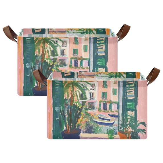 Yayeee Foldable Storage Basket for Shelves with Handles Set of 2 Waterproof Cloth Bins, Window Scene